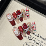 Lianfudai 10Pcs Christmas Red New Year Gift Fake Nails Hand Painted Checkered 3D Santa Claus Diamond Bow Design Nail Art Press on Nail TipChristmas Nails