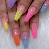 Lianfudai - 24 pcs Rainbow Gradient Coffin Long Press On Nails - Glossy Acrylic Ballerina False Nails for Women and Girls