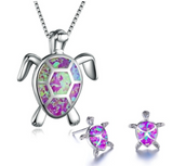 Lianfudai Christmas gifts ideas Classic Cute Sea Turtle Necklace Earrings jewelry set Trendy Animal Fire Opal Stud Earring for girl women best gift