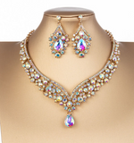 Lianfudai Gorgeous Crystal AB Bridal Jewelry Sets Fashion Tiaras Earrings Necklaces Set for Women Wedding Dress Crown Jewelry Set