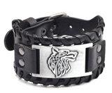 Lianfudai christmas wishlist gifts for him Punk Men Wide Bangle Nordic Viking Designer Charm Wolf Head Bracelet Leather Weave Adjustable Wristband Jewelry