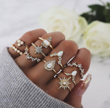 Lianfudai gifts for women 10 Pcs/Set Sweet Crystal Leaf Flower Moon Star Opening Heart Rings for Women Fashion Geometric Gold Imitation Pearl Ring Jewelry