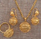 Lianfudai gifts for her Anniyo African Beads Jewelry Sets Pendant Necklaces Earrings Ring Women Gold Color Round Ball Chains Papua New Guinea PNG #J0065