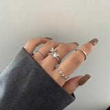 Lianfudai easter gifts for women  4PCS/SET Simple Romantic Silver Color Zircon Butterfly Ring Irregular Geometric Hollow Spiral Double Ring for Women Jewelry