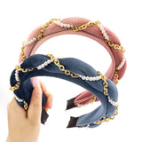 Lianfudai Christmas gifts for her INS Fashion Metal Chain Pearl Twist Cross Velvet Headband Headwear for Women Autumn Winter Multicolor Hair Hoop Hairbands