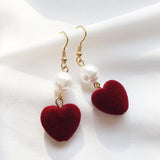 Lianfudai Christmas gifts ideas Red Style Charm Circle Pearl Drop Earrings Love Heart Bow Earrings For Women Girls Party Gift Korean Fashion Wedding Jewelry