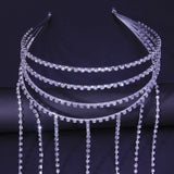 Lianfudai gifts for women Luxury Rhinestone Multiple Rows Bridal Hairband Tiaras for Girl Wedding Jewelry Crystal Long Tassel Headband Crown Headwear