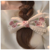 Lianfudai Retro Geometric Pink Rose Lace Ribbon Hairpin Korean Flower Embroidery Oversized Bow Spring Clip for Women Bridal Wedding