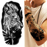 Lianfudai Compass Wolf Temporary Tattoos For Men Women Adult Fake Lion Tattoo Sticker Tiger Black Tribal Body Art Drawings Tatoos Arm