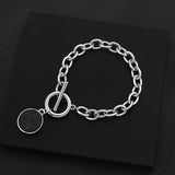 Lianfudai Punk Silver Color Black Stone Round Pendant Bracelet Retro Hip Hop Men Women Thick Chain Bracelet Female Couple Jewlery