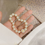 Lianfudai Korean Retro Imitated Pearl Round Beaded Daisy Bracelet Irregular Geometric Flower Bracelet for Women Party Accessories