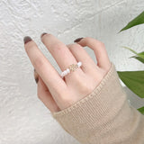 Lianfudai Christmas decor ideas Hollow Flower Pearl Beaded Elastic Lady Ring Fashion Metal Flower Lady Adjustable Ring New Jewelry Gift