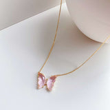 Lianfudai western jewelry for women Halloween gift  Fashion New Gold Plated Crystal Butterfly Necklaces Charm Jewelry Pink Purple Butterfly Pendant Necklace For Women Gift