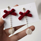 Lianfudai Christmas gifts ideas Red Style Charm Circle Pearl Drop Earrings Love Heart Bow Earrings For Women Girls Party Gift Korean Fashion Wedding Jewelry