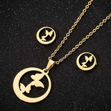 Lianfudai  gifts for women New Animal Flower Butterfly Stainless Steel Pendant Necklace Sets For Women Gold Color Chain Necklace Earrings Jewelry Gifts