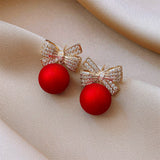 Lianfudai Christmas gifts ideas Fashion Christmas Stud Earrings for Women Girl Red Pearl Crystal Bowknot Earrings Jewelry Drop Shipping Gift