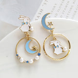 Lianfudai CHEISTMAS gifts for her New Fashion Moon Stars Rabbit Dangle Earrings For Women Flower Kitten Fishbone Crystal Pearl Asymmetrical Earring Party Jewelry
