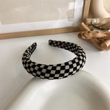 Lianfudai Winter INS Trendy Black White Lattice Fabric Hair Band Elastic Hair Rope for Women Fashion Trip Jewelry Gifts