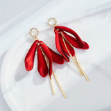 Lianfudai Christmas gifts ideas New Fashion Tassel Flower Long Dangle Drop Earrings Retro Red Big Petal Statement Earring for Women Bridal Wedding Party Jewelry