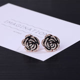Lianfudai Delicate Camellia Petite Earrings Black Flower Rose Full Rhinestone Luxury Earring Accessories For Women