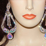 Lianfudai  gifts for women INS AB Color Rhinestone Big Water Drop Pendant Dangle Earrings Wedding Jewelry for women Crystal Geometric Tassel Drop Earrings