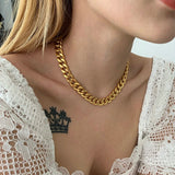 Lianfudai easter gifts for women  14k Gold Plated Stainless Steel 9.96MM Cuban Chain Necklaces For Women Men OT Stick Buckle Miami Chain Choker Jewelry