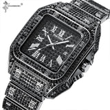 Lianfudai Disaster Prevention Jewelry Hip Hop Iced Out Men Watch Square Diamond Quartz Luxury Mens Wrist Watches Gold Roman Calendar Steel Clock Relogio Masculino New