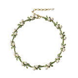 Lianfudai Personality White Floral Leaf Necklace Trendy Alloy Enamel Lily Valley Gold Color Choker Necklace for Women High Quality