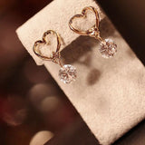 Lianfudai  gifts for women Shining Crystal Heart Moon Pearl Stud Earrings For Women Hollow Korean Star Dangle Drop Sweet Girls Wedding Gold Color Jewelry