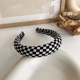 Lianfudai Winter INS Trendy Black White Lattice Fabric Hair Band Elastic Hair Rope for Women Fashion Trip Jewelry Gifts