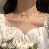 Lianfudai christmas wishlist valentines day gifts for her Hot Sale  New Fashion Kpop Pearl Choker Necklace Cute Double Layer Chain Pendant for Women Jewelry Girl Gift
