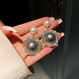 Lianfudai Christmas wishlist New Trendy Korean Oversized Gray Pearl Drop Earrings for Women Classic Golden Round Crystal Wedding Earrings Jewelry Gift Party