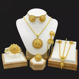Lianfudai - Ethiopian Bridal Jewelry Sets 24K Gold Plated Headwear Necklace Earrings Bracelet Ring Nigerian Wedding Jewellery Set For Women