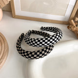 Lianfudai Winter INS Trendy Black White Lattice Fabric Hair Band Elastic Hair Rope for Women Fashion Trip Jewelry Gifts