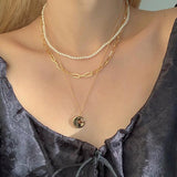 Lianfudai Vintage Multiayered Pearl Necklace For Women Fashion Golden Portrait Coin Pendant Thick Chain Necklaces Jewelry Gifts