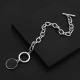 Lianfudai Punk Silver Color Black Stone Round Pendant Bracelet Retro Hip Hop Men Women Thick Chain Bracelet Female Couple Jewlery