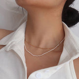 Lianfudai Vintage Baroque Round Pearl Lock Chains Necklace Geometric Double Layer Chain Pendant For Women Jewelry Girl Gift