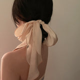 Lianfudai Summer French Retro Pink Beige Narrow Long Silk Scarf Ribbon Headband Irregular Geometric Bow Hairband for Women Accessory