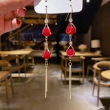 Lianfudai Christmas gifts ideas New Fashion Tassel Flower Long Dangle Drop Earrings Retro Red Big Petal Statement Earring for Women Bridal Wedding Party Jewelry