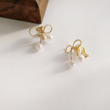 Lianfudai Sweet Simple Small Alloy Bow Clip on Earrings Earrings Ear Clip Lady Earrings Mini Imitation Pearl Clip Earrings No Piercing