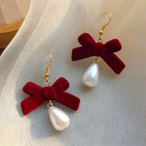 Lianfudai Christmas gifts ideas Red Style Charm Circle Pearl Drop Earrings Love Heart Bow Earrings For Women Girls Party Gift Korean Fashion Wedding Jewelry