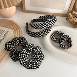 Lianfudai Winter INS Trendy Black White Lattice Fabric Hair Band Elastic Hair Rope for Women Fashion Trip Jewelry Gifts