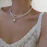 Lianfudai Vintage Baroque Round Pearl Lock Chains Necklace Geometric Double Layer Chain Pendant For Women Jewelry Girl Gift