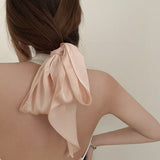 Lianfudai Summer French Retro Pink Beige Narrow Long Silk Scarf Ribbon Headband Irregular Geometric Bow Hairband for Women Accessory