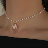 Lianfudai Christmas gifts ideas Sweet Romantic Pink Butterfly Pendant Imitation Pearl Short Necklace for Women Cherry Small Daisy Clavicle Necklace Jewelry