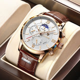 Lianfudai father's day gifts  Watches Mens Top Brand Luxury Clock Casual Leathe 24Hour Moon Phase Men Watch Sport Waterproof Quartz Chronograph+Box