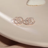 Lianfudai gifts for women  Fashion Double C Earrings for Women Luxury High Quality Creative Design Stud Earrings Zircon Temperament All-match Jewelry