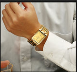 Lianfudai gifts for men Relogio Masculino Gold Watch Men Square Mens Watches Top Brand Luxury Golden Quartz Stainless Steel Waterproof Wrist Watch
