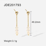 Lianfudai easter gifts for women 14K Golden Triangle Stainless Steel White Zircon Long Chain Three Pearl Pendant Earrings For Women Jewerly Party Gift