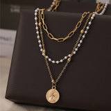 Lianfudai Vintage Multilayered Pearl Necklace For Women Fashion Gold Portrait Coin Pendant Thick Chain Necklaces Jewelry